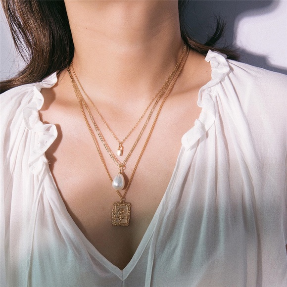 Layered Rose Portrait Pearl Drop Gold Necklace - Picture 7 of 10